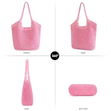 Kiss Sea Large Straw Mesh Beach Bag The Tote Bag for Women Cross Body Bag Clutch Pink Purses Beach Accessories Vacation Essentials Shoulder Bag Hobo Bags Travel Tote Bags Pool Summer Purses for Women