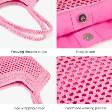 Kiss Sea Large Straw Mesh Beach Bag The Tote Bag for Women Cross Body Bag Clutch Pink Purses Beach Accessories Vacation Essentials Shoulder Bag Hobo Bags Travel Tote Bags Pool Summer Purses for Women