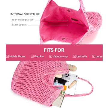 Kiss Sea Large Straw Mesh Beach Bag The Tote Bag for Women Cross Body Bag Clutch Pink Purses Beach Accessories Vacation Essentials Shoulder Bag Hobo Bags Travel Tote Bags Pool Summer Purses for Women