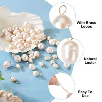 Cheriswelry 60Pcs 13-17mm Natural Freshwater Cultured Pearl Pendants White Rice Oval Pearl Charms with Brass Loop 3 Styles for DIY Necklaces Bracelets Earrings Jewelry Making