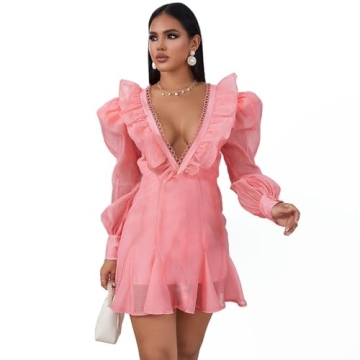 VICICSKY Dress for Wedding Guest Women 2023 Spring Summer Long Sleeve Mini Dress, Deep V Neck Ruffle...