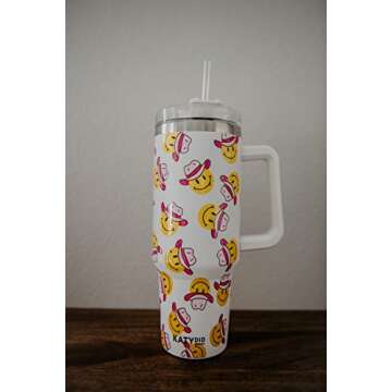 KATYDID 40oz Stainless Steel Tumbler with Handle and Straw - Dishwasher Safe Insulated Tumbler for All-Day Hot or Cold Coffee, Water, Tea, Smoothies and More (Cowboy Happy Face)