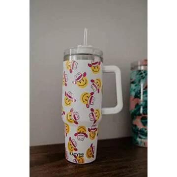 KATYDID 40oz Stainless Steel Tumbler with Handle and Straw - Dishwasher Safe Insulated Tumbler for All-Day Hot or Cold Coffee, Water, Tea, Smoothies and More (Cowboy Happy Face)