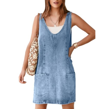 BerryGo Women's Denim V Neck Sleeveless Overall Dress with Pockets - Casual Mini Pinafore Jumper