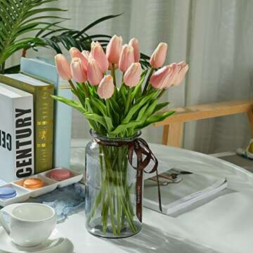 Artificial Tulips 20 Pcs Real Touch Latex Fake Flowers for Wedding Bouquet Home Party Office Decor ( Pink)