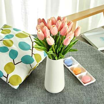 Artificial Tulips 20 Pcs Real Touch Latex Fake Flowers for Wedding Bouquet Home Party Office Decor ( Pink)