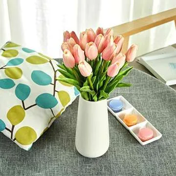 Artificial Tulips 20 Pcs Real Touch Latex Fake Flowers for Wedding Bouquet Home Party Office Decor ( Pink)