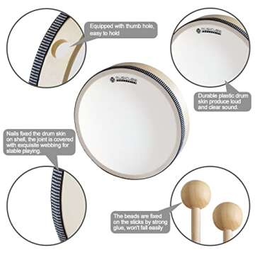 MUSICUBE Hand Drum Set for adult, Frame Drum for Kid, 3 Packs Wood Drum Set Musical Instrument, Educational Percussion Instrument for School Party with 3 Drum Stick (6-Inch, 8-Inch, 10-Inch)