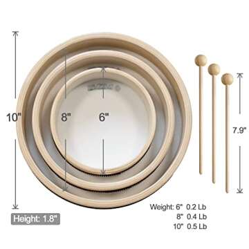 MUSICUBE Hand Drum Set for adult, Frame Drum for Kid, 3 Packs Wood Drum Set Musical Instrument, Educational Percussion Instrument for School Party with 3 Drum Stick (6-Inch, 8-Inch, 10-Inch)