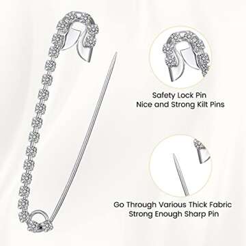 Housweety 10 Silver Tone Rhinestone Safety Pins Brooches 5.8x1.2cm
