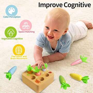 Skrtuan Wooden Toys for 1 2 3 Year Old Toddlers Baby Boys and Girls, Montessori Toy Carrot Harvest Game Shape & Sorting Matching Puzzle, Educational Developmental Birthday Gifts for Babies 6-12 Months