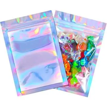 Blulu 100 Pieces Resealable Smell Foil Proof Bag Foil Pouch Flat Bag for Party Favor Food Storage(4 x 6 Inches,Holographic Color)