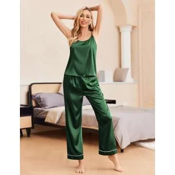 Ekouaer Women Silk Satin Pajamas Stylish Comfortable Set