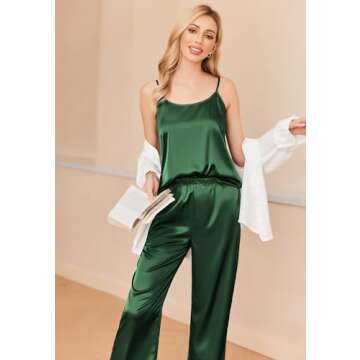Ekouaer Women Silk Satin Pajamas Sleeveless Pjs Set 2 Piece Summer Loungewear Sleepwear with Pockets Dark Green,L