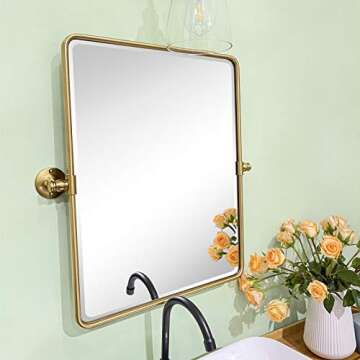 TEHOME 20 x 24 inch Farmhouse Gold Metal Framed Pivot Rectangle Bathroom Mirror Rounded Rectangluar Tilting Beveled Vanity Mirrors for Wall