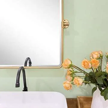 TEHOME 20 x 24 inch Farmhouse Gold Metal Framed Pivot Rectangle Bathroom Mirror Rounded Rectangluar Tilting Beveled Vanity Mirrors for Wall
