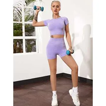 Yoga Outfits for Women 2 Piece Workout Sets Seamless High Waist Yoga Leggings Running Biker Shorts and Short Sleeve Crop Tops Athletic Gym Clothes Light Purple Small