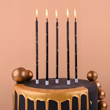 PHD CAKE Black Gold Long Thin Birthday Candles, Cake Candles, Birthday Parties, Wedding Decorations,...