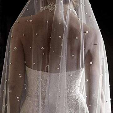 Elegant Pearl Wedding Veil for Bride - Cathedral Length