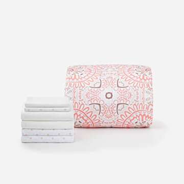 OCM Preferred Dorm Essentials Value Pack - 23 Piece Twin XL Set| Twin XL | Comforter, Sheets, Pad, Topper, Towels, Organization, Storage | Dina | Pink and White, Medallion and Floral