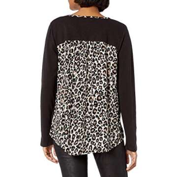 reCreation Women's Long Sleeve Split Neck Knit Top, Black/Animal Print, M