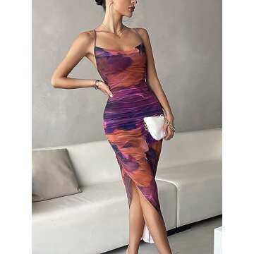 GORGLITTER Women's Backless Mesh Ruched Bodycon Midi Dress Tie Dye Asymmetrical Cami Dresses with Sl...