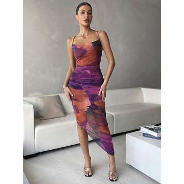 GORGLITTER Women's Backless Mesh Ruched Bodycon Midi Dress Tie Dye Asymmetrical Cami Dresses with Slit Multicolor Small