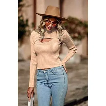 PRETTYGARDEN Women's 2025 Fashion Fall Clothes 2 Piece Cutout Tops Long Sleeve Mock Neck Rib Knit Winter Pullover Sweater