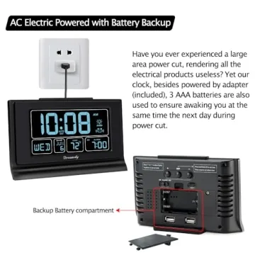 DreamSky Alarm Clock with USB Port and Backup Battery