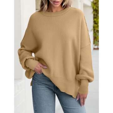 ANRABESS Women Crewneck Batwing Long Sleeve 2024 Fall Oversized Side Slit Ribbed Knit Pullover Sweat...