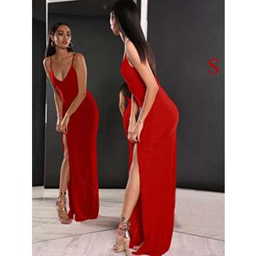 TOB Women's Sexy Bodycon Split Sleeveless Spaghetti Strap V-Neck Evening Party Long Dress Red