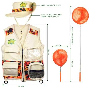 Kidz@Play Bug Hunting Kit, Vest, Hat, Binoculars, Lg. Net, Bug Container, Whistle, Flashlight, Magnifier, Thermostat, Compass, Tweezers
