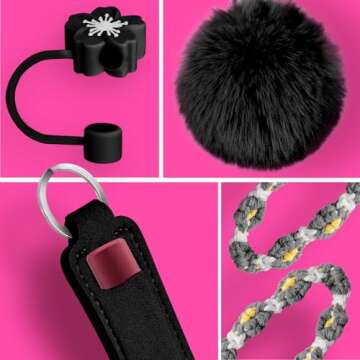 Mity rain Cup Accessories for Stanley Cup 30oz 40oz Tumbler with Handle, Including Water Bottle Handle Strap, Chapstick Holder, Boot, Keychain Charms, Straw Topper Cover Cap for Stanley (Black)