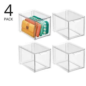 mDesign Plastic Stackable Closet Storage with Pull Out Bin Organizer Drawer for Cabinet, Desk, Shelf, Cupboard, or Cabinet Organization - Lumiere Collection - 4 Pack - Clear
