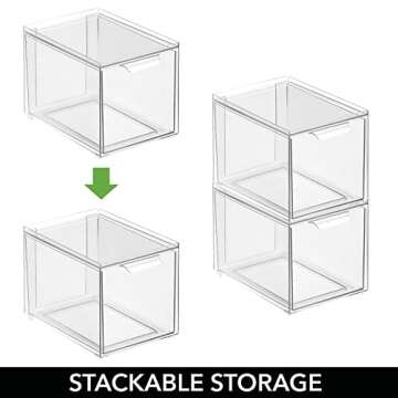 mDesign Plastic Stackable Closet Storage with Pull Out Bin Organizer Drawer for Cabinet, Desk, Shelf, Cupboard, or Cabinet Organization - Lumiere Collection - 4 Pack - Clear