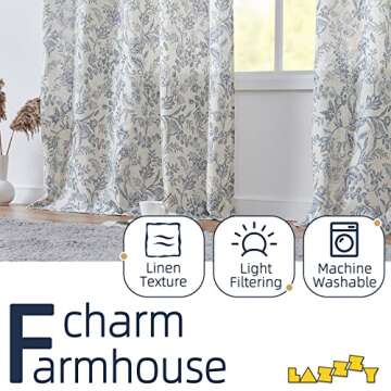 Lazzzy Blue Floral Curtains 108 Inch Length Linen Farmhouse Curtain Back Tab Drapes for Living Room Bedroom Light Filtering Vintage Rod Pocket Curtains, 2 Panels, Blue on Beige
