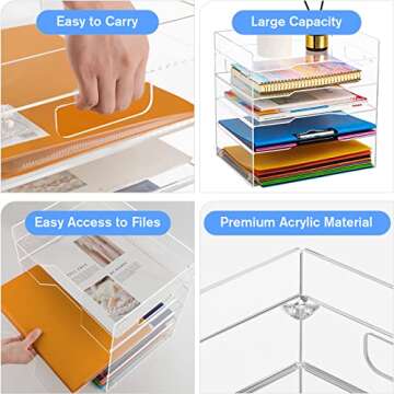 MaxGear 5-Tier Acrylic Paper Tray, Clear Desk Organizer, Stackable File Trays for Office, Acrylic Le...