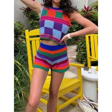 Auciho Women's Color Block Y2K Knit 2 Piece Outfits Crochet Knitted Hollow Out Long Sleeve Button Up Shirts and Shorts Set