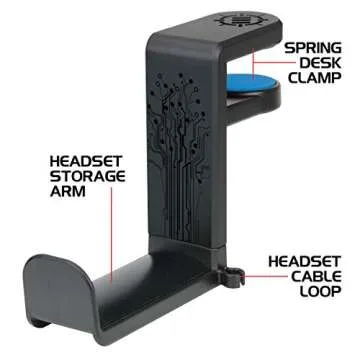 ENHANCE PC Gaming Headphone Holder - Desk Headphone Hanger Esports Headset Holder with Adjustable 360 Rotation, Under Desk Headphone Hook Clamp, Universal Fit - Built in Cable Clip Organizer - Black