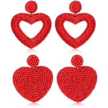 2 Pairs Valentine's Day Heart Earrings Beaded Drop Earrings for Women Seed Bead Heart Dangle Earring...