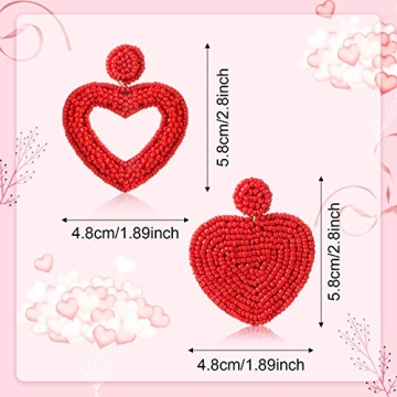 2 Pairs Valentine's Day Heart Earrings Beaded Drop Earrings for Women Seed Bead Heart Dangle Earrings Bohemian Statement Handmade Earring for Girl Women Birthday Jewelry (Red)