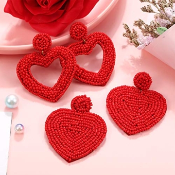 2 Pairs Valentine's Day Heart Earrings Beaded Drop Earrings for Women Seed Bead Heart Dangle Earrings Bohemian Statement Handmade Earring for Girl Women Birthday Jewelry (Red)