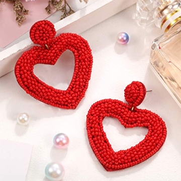 2 Pairs Valentine's Day Heart Earrings Beaded Drop Earrings for Women Seed Bead Heart Dangle Earrings Bohemian Statement Handmade Earring for Girl Women Birthday Jewelry (Red)