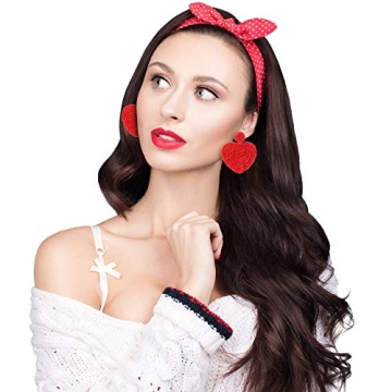 2 Pairs Valentine's Day Heart Earrings Beaded Drop Earrings for Women Seed Bead Heart Dangle Earrings Bohemian Statement Handmade Earring for Girl Women Birthday Jewelry (Red)