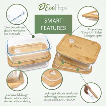 EcoPreps Glass Meal Prep Containers with Bamboo Lids