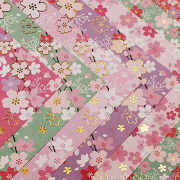CUTBLAJAT 112 Sheets Heavier Origami Paper Japanese Cherry Blossom Pattern Sakura Bronzing Chiyogami...