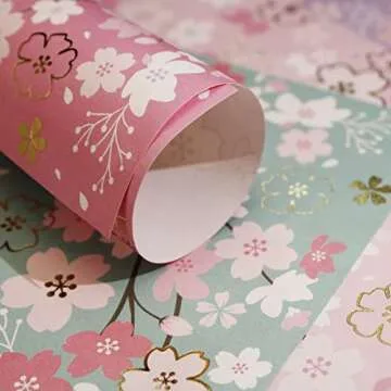 CUTBLAJAT 112 Sheets Heavier Origami Paper Japanese Cherry Blossom Pattern Sakura Bronzing Chiyogami 6" 15cm Washi Easy Fold Paper for Beginner