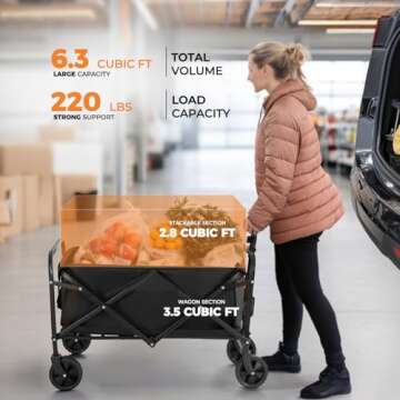Collapsible Wagon 220 lbs, Heavy Duty Wagons Carts Foldable, Portable Wagon for Groceries, Beach Car...