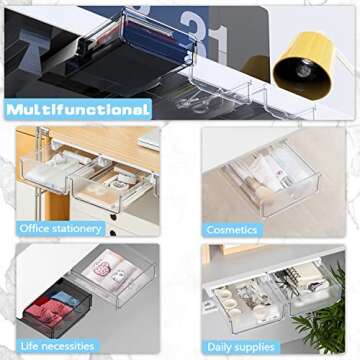 OSPNIEEK Self-adhesive Under Desk Drawer Organizer, 2 Pack Table Hidden Slide Out Large Storage Moun...