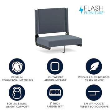 Flash Furniture Grandstand Portable Stadium Seat for Bleachers or Benches, Folding Padded Stadium Chair with Carrying Handle, 500 lb. Weight Capacity, Dark Blue